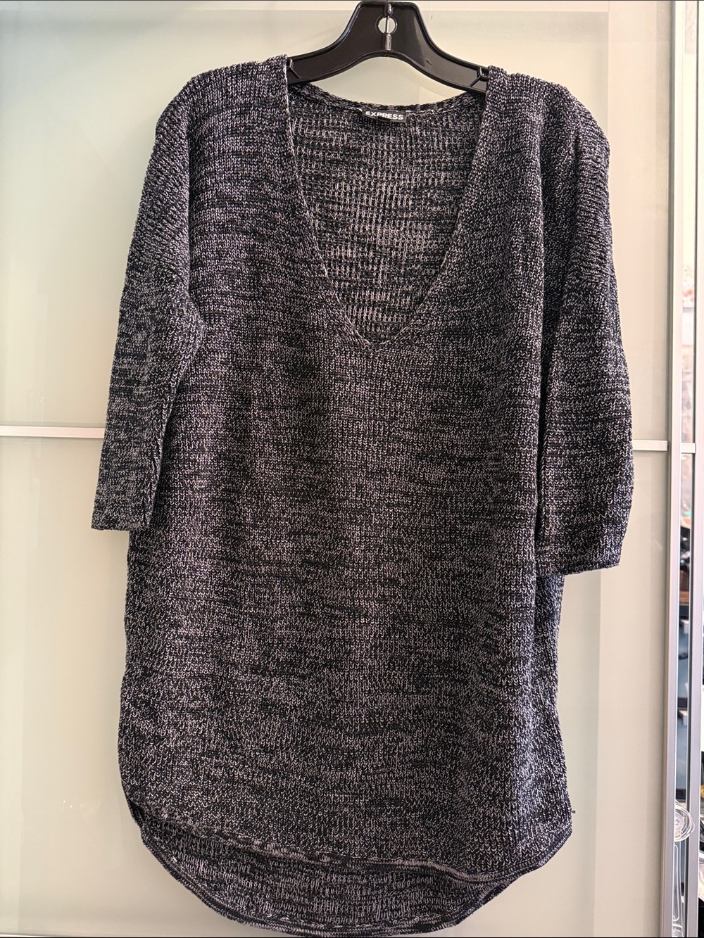Express Women's Deep V-Neck Black Marled Sweater Tunic